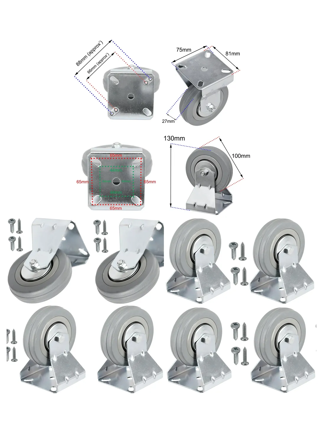 4 x 100mm Fixed Plate Caster Wheels for Bed & Sofa – Screws Included