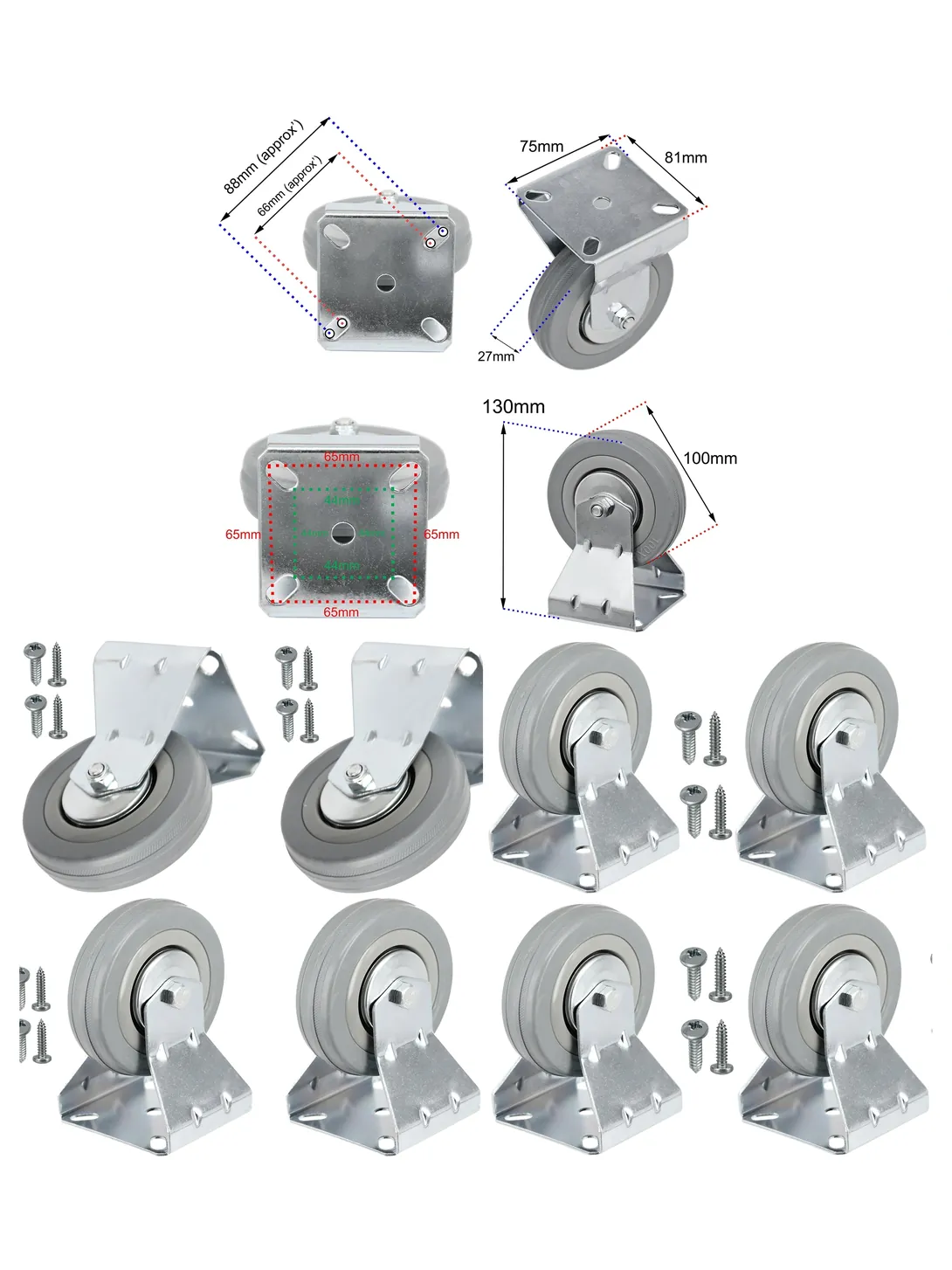 4 x 100mm Fixed Plate Caster Wheels for Fridge Freezer with Screws