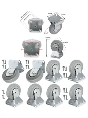 4 x 100mm Rubber Caster Wheels – Metal Fixed Plate, 80kg Load, Screws
