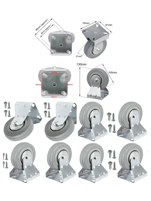 4 x 100mm Rubber Caster Wheels – Metal Fixed Plate, 80kg Load, Screws