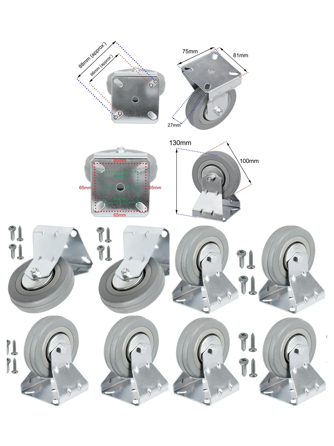 4 x 100mm Rubber Caster Wheels – Metal Fixed Plate, 80kg Load, Screws