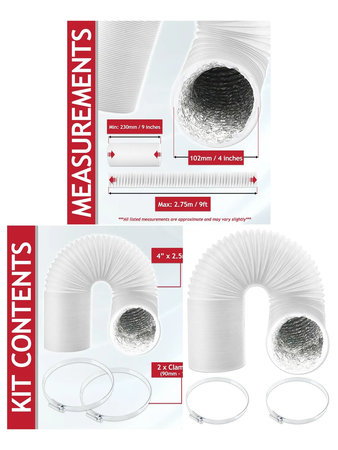 4 x 2.5m Flexible Insulated Vent Hose PVC Aluminum Foil Duct Clips