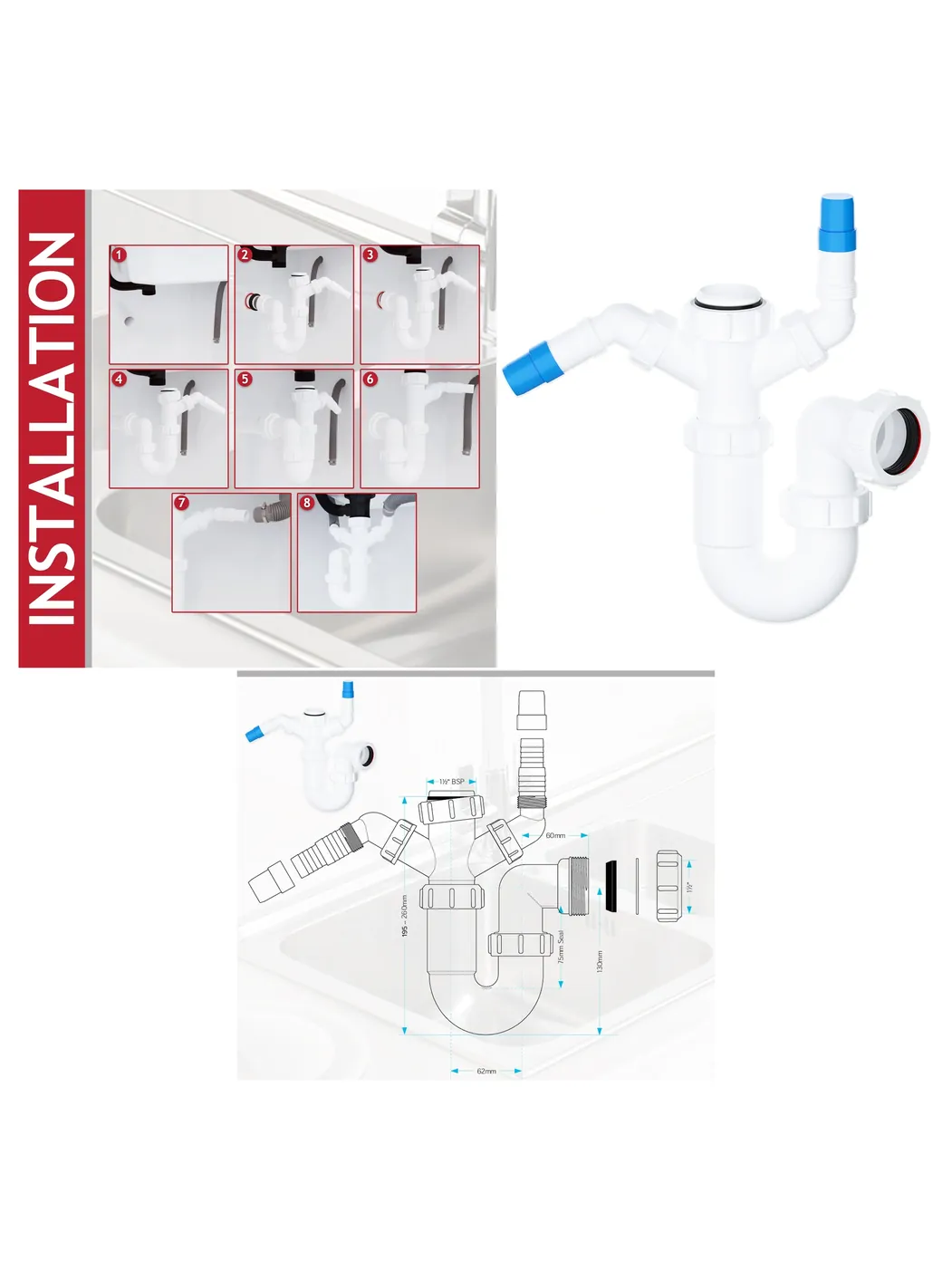 40mm Double-Nozzle Sink Trap Kit for Washers & Dishwashers 75mm Seal