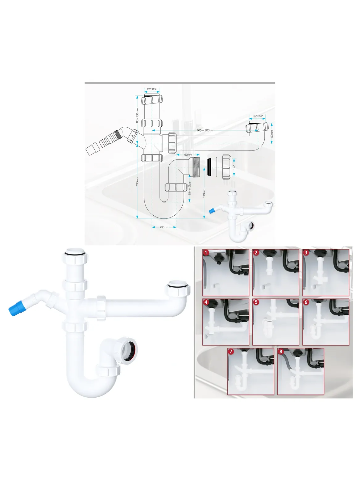 40mm Kitchen Sink Bowl & Half Trap with 75mm Seal Kit Water Discharge