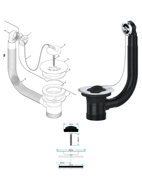 40mm Round Sink Overflow Plug with Chain – Bathroom Waste Combo