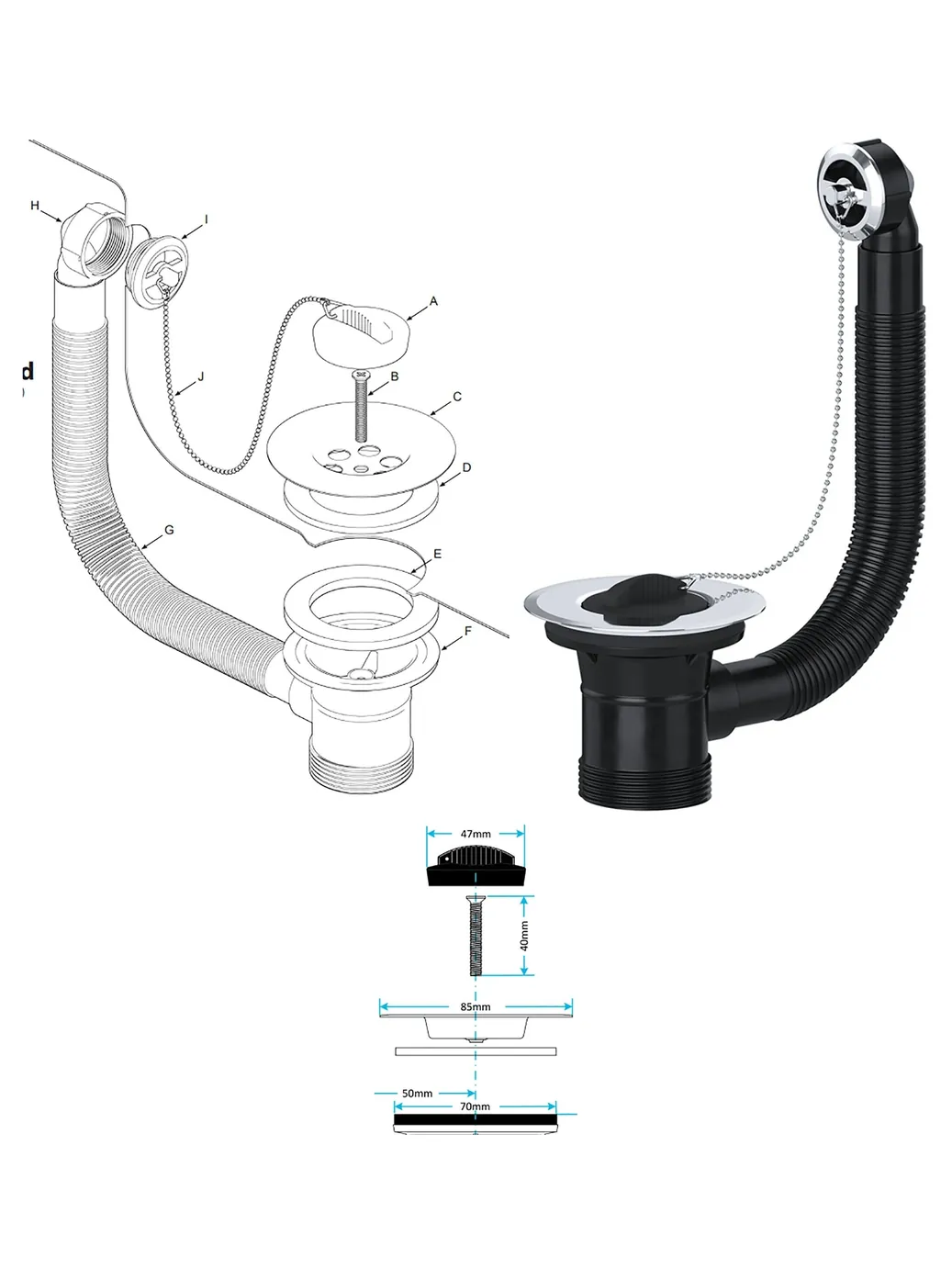 40mm Round Sink Overflow Plug with Chain – Bathroom Waste Combo