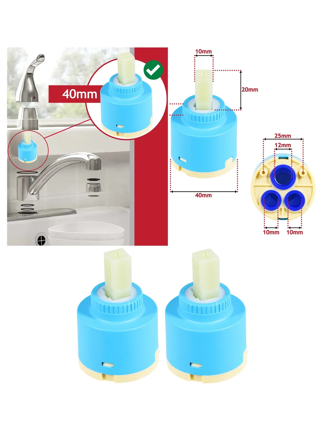 40mm Single-Lever Mixer Cartridge for Sink & Bath Hot Cold Valve 2pcs