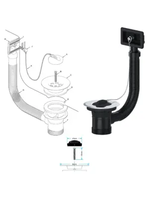 40mm Square Bathroom Sink Overflow Plug with Chain – Waste Combo