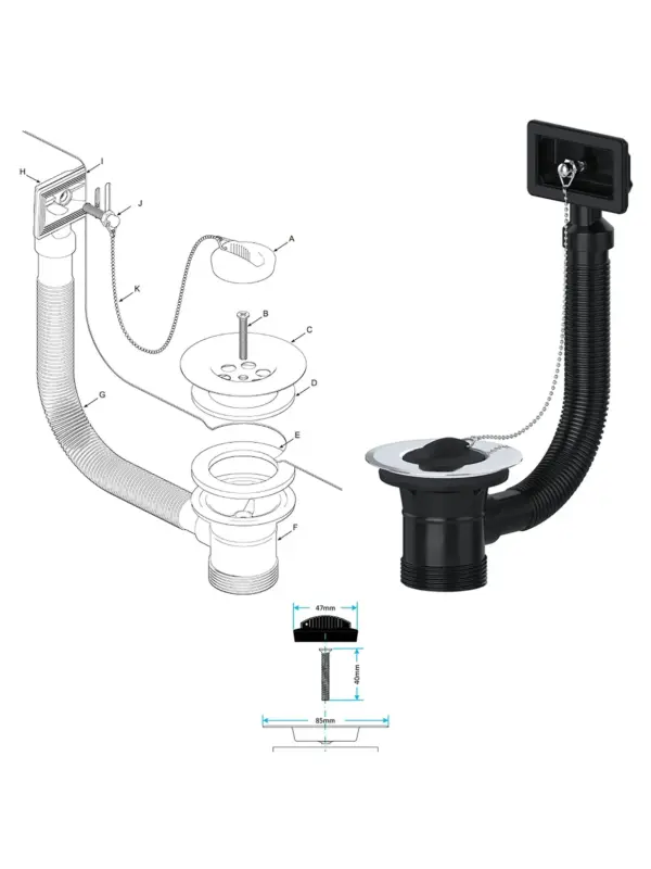 40mm Square Bathroom Sink Overflow Plug with Chain – Waste Combo