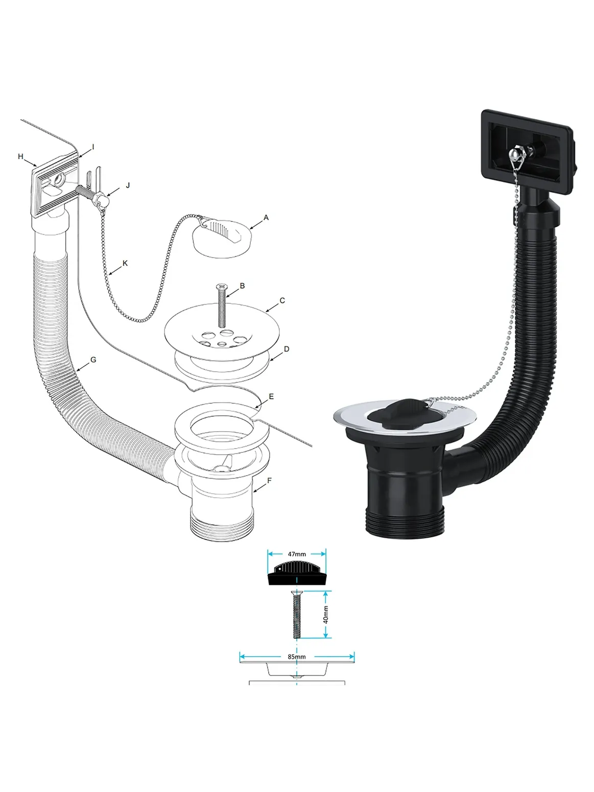 40mm Square Bathroom Sink Overflow Plug with Chain – Waste Combo