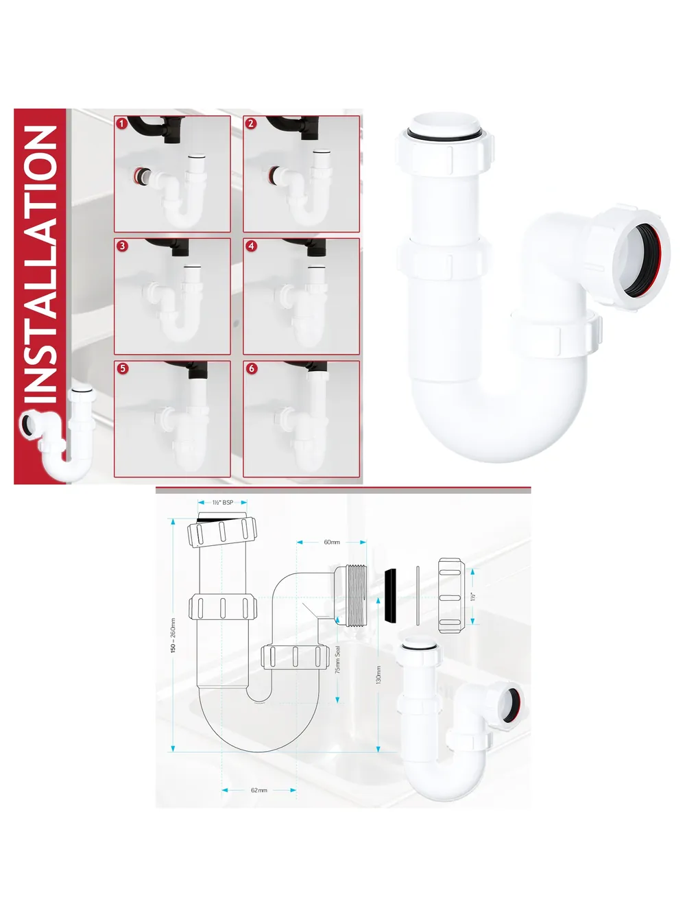 40mm Telescopic Swivel P-Trap Kit for Sink Waste Pipe - Easy Install