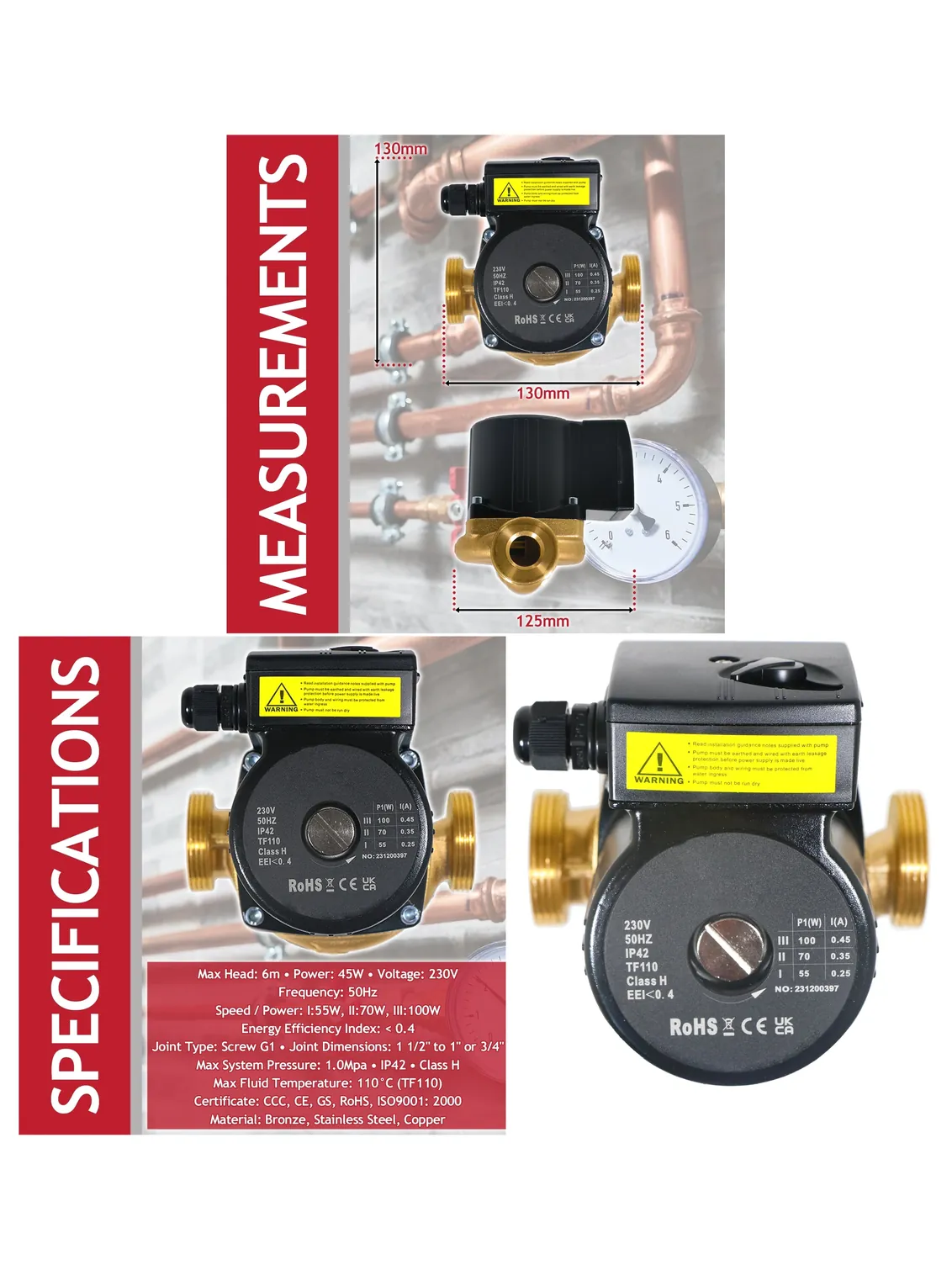 45W Bronze Hot Water Circulator Pump – 230V, 130mm Universal Loop