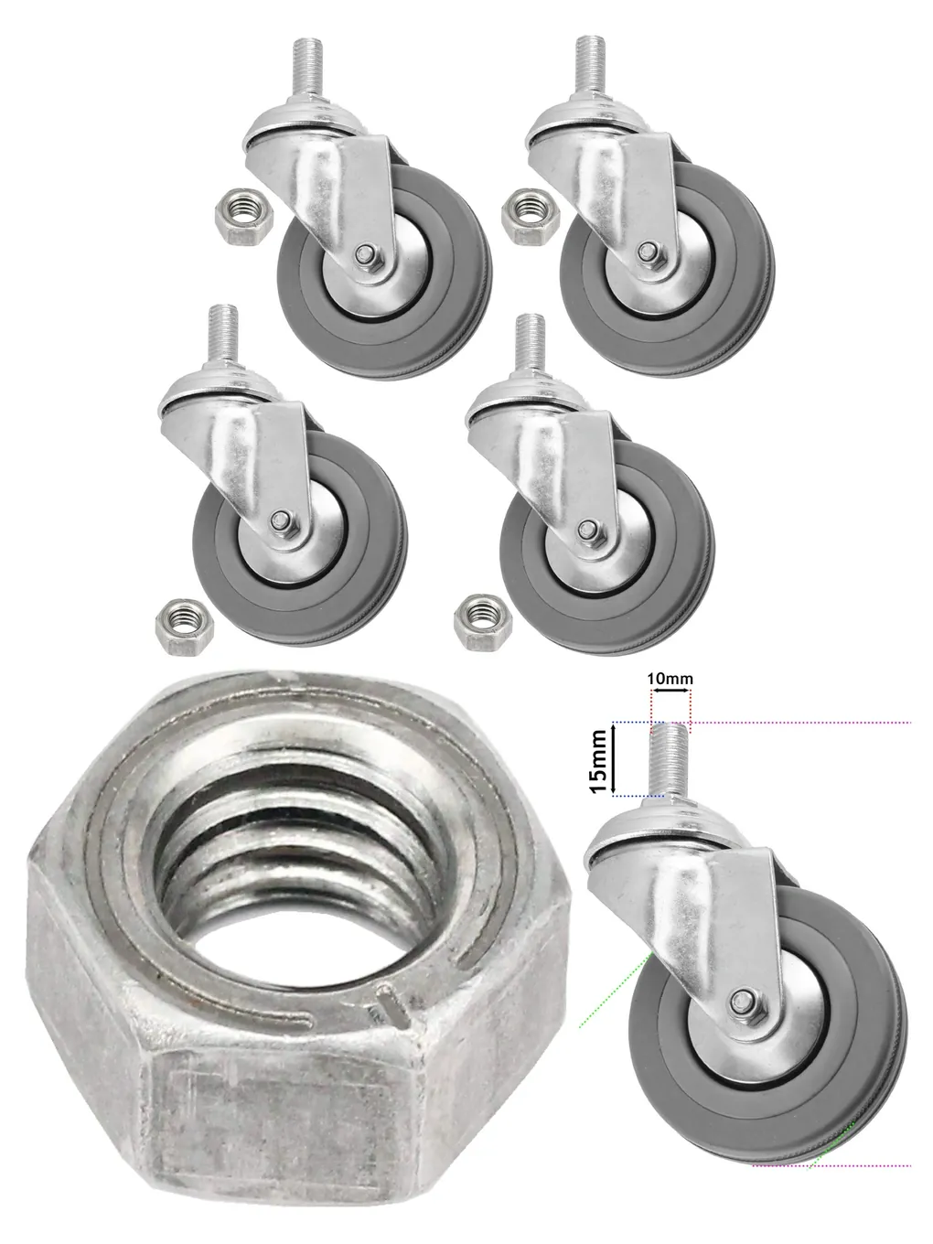 4pcs 50mm Swivel Caster Wheels with M10 Thread & Non‑Marking Nuts