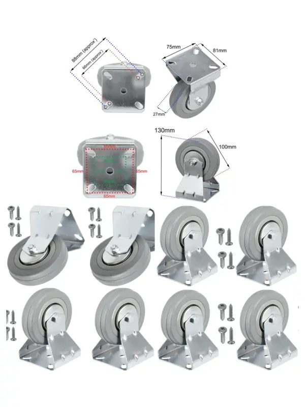 4x 100mm Fixed-Plate Caster Wheels for Washers & Dryers with Screws