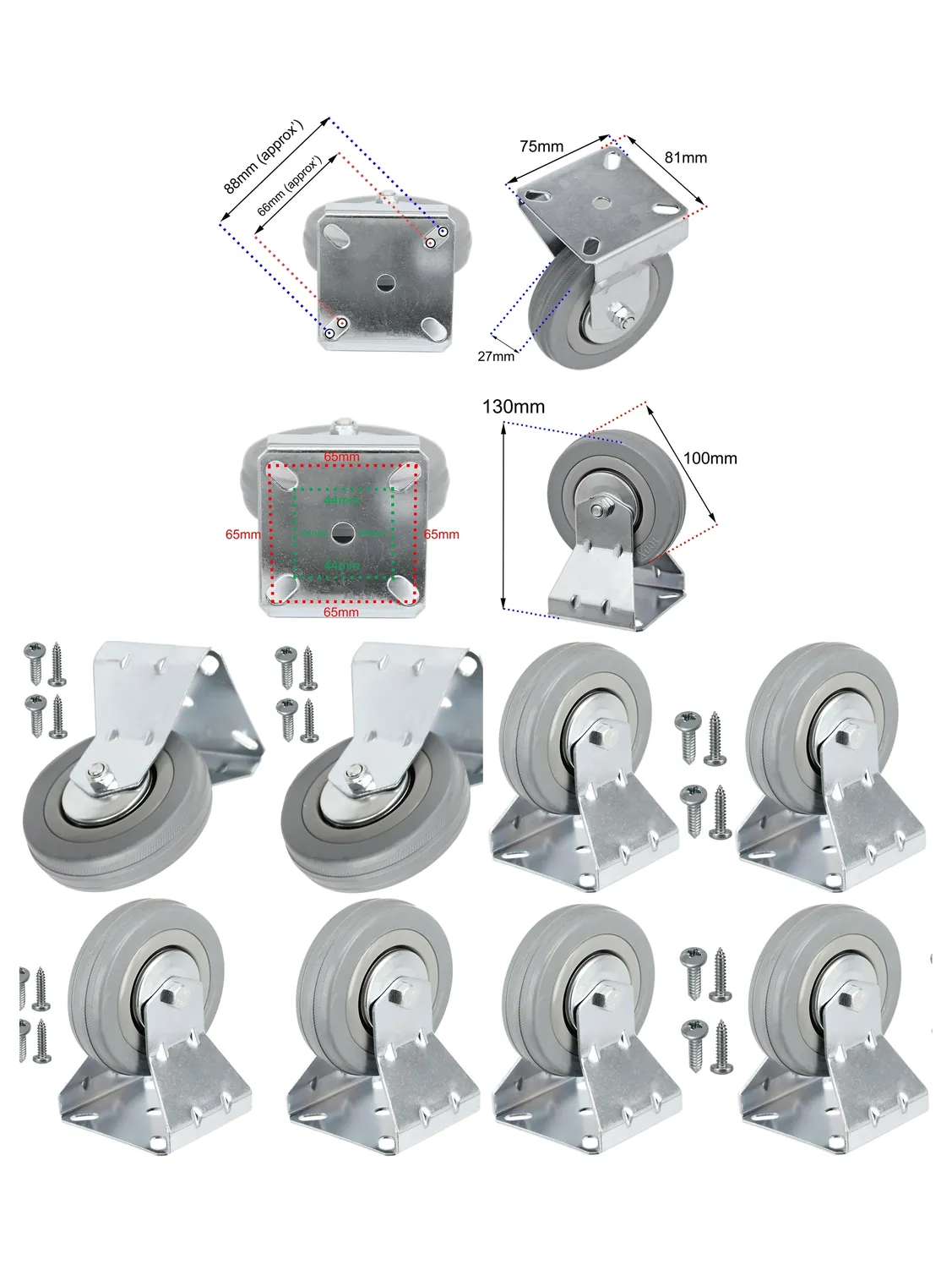 4x 100mm Fixed-Plate Caster Wheels for Washers & Dryers with Screws