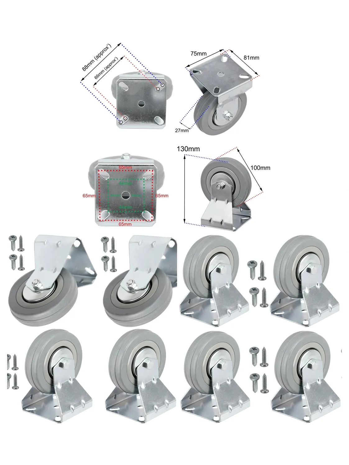 4x 100mm Fixed-Plate Caster Wheels with Screws for Fruit Vending