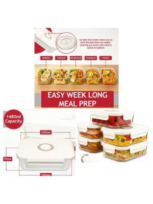 5‑Pack 1.5L Vacuum‑Seal Glass Food Containers with Clip Lids & Pump