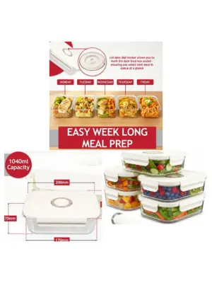 5‑Pack 1L Vacuum‑Seal Glass Food Containers with Clip Lids & Pump
