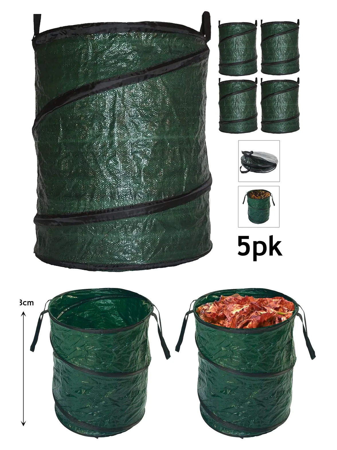 5 x 90L Collapsible Garden Bags with Handles – Reusable Yard Trash