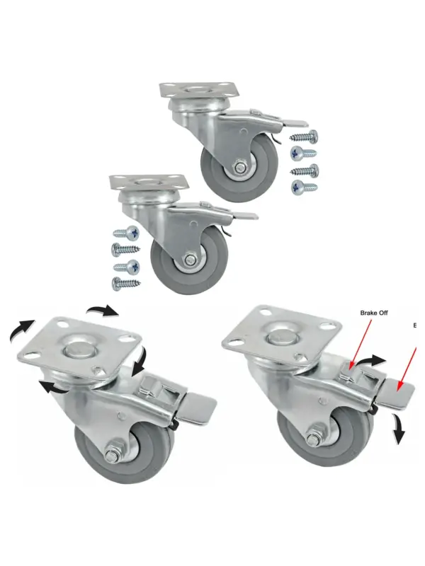 50mm Swivel Brake Caster Wheels 2 Pack with Screws for Trolleys