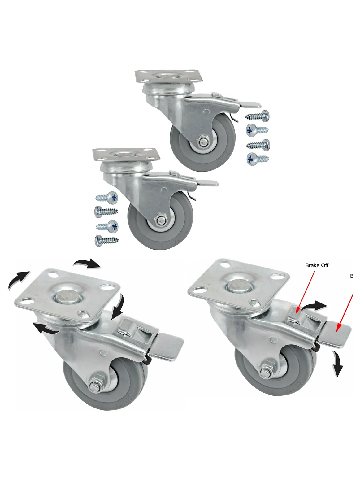 50mm Swivel Brake Caster Wheels 2 Pack with Screws for Trolleys