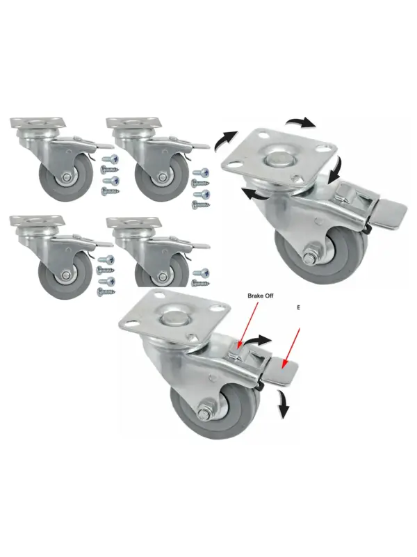50mm Swivel Brake Caster Wheels – Set of 4 with Screws for Furniture