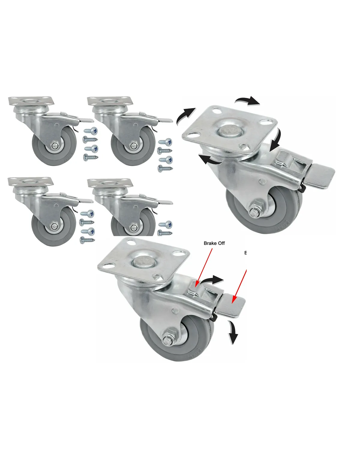50mm Swivel Brake Caster Wheels – Set of 4 with Screws for Furniture