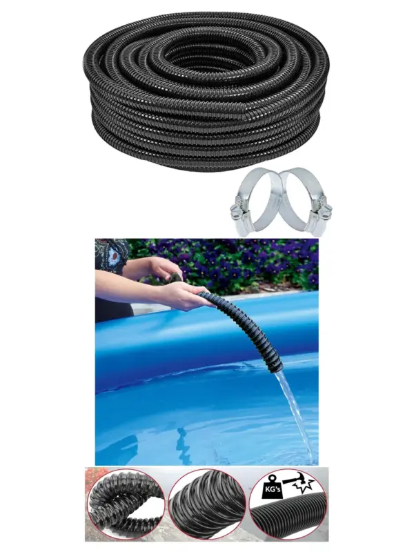5m Flexible Corrugated Garden & Pond Hose – 32mm ID with 2 Clamp Clips