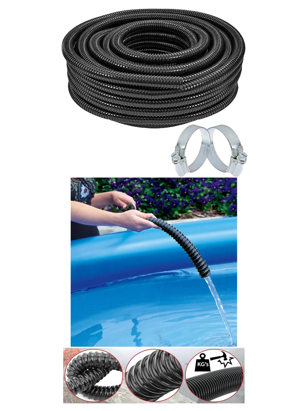5m Flexible Corrugated Garden & Pond Hose – 32mm ID with 2 Clamp Clips