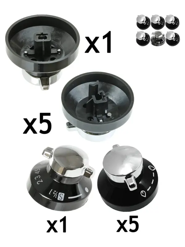 6‑Pack Black & Silver Gas Hob Control Knobs – Stove Oven Replacement