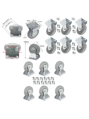 6 x 100mm Rubber Trolley Casters – Fixed Plate 80kg Load Metal + Screws