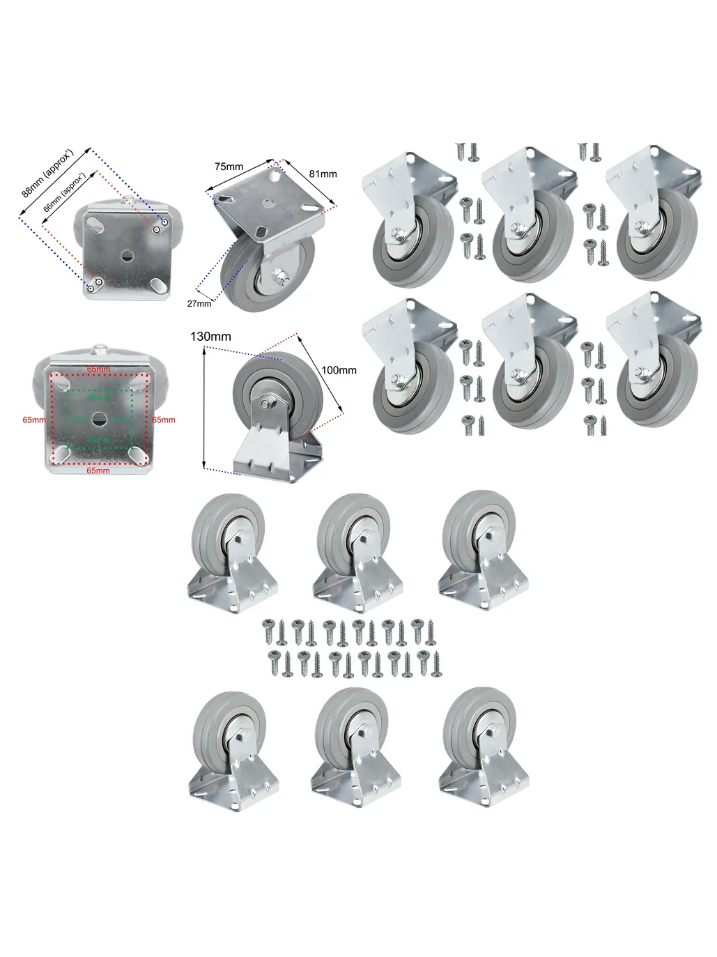 6 x 100mm Rubber Trolley Casters – Fixed Plate 80kg Load Metal + Screws