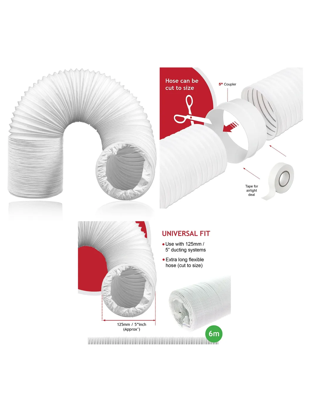 6m PVC Vent Hose for Bush Air Conditioner 125mm Pipe Extension Kit