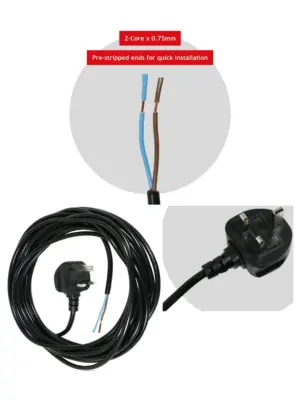 8.4m Black UK Plug Extension Cord for Cooling Fan – Mains Power Lead
