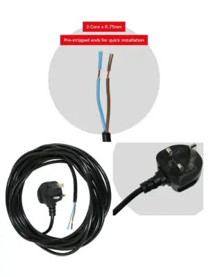 8.4m Black UK Plug Power Cable for Ryobi Lawn Mower & Garden Strimmer