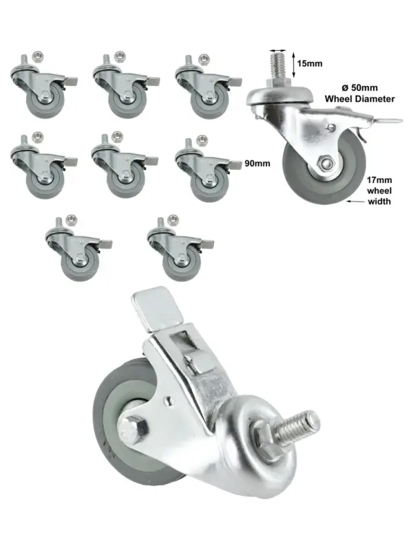 8 Pack 50mm M10 Swivel Brake Caster Wheels, Non‑Marking, Bolts