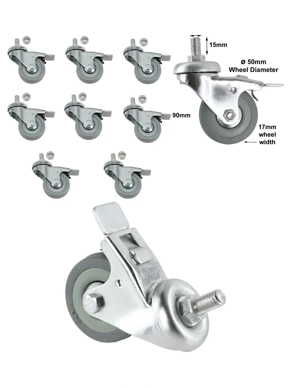 8 Pack 50mm M10 Swivel Brake Caster Wheels, Non‑Marking, Bolts