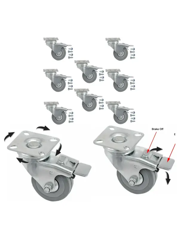8-Pack 50mm Swivel Brake Caster Wheels for Furniture with Screws