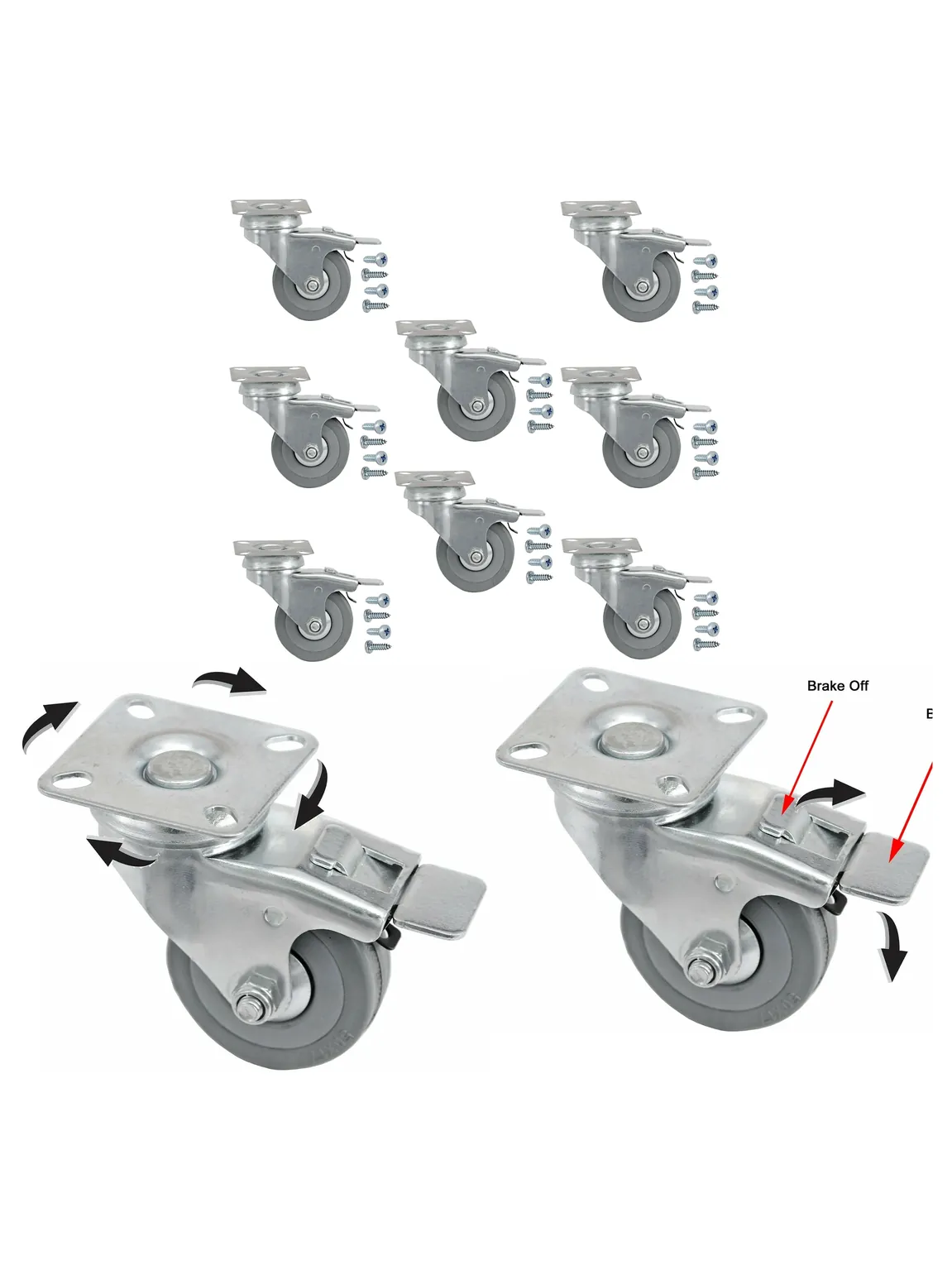 8-Pack 50mm Swivel Brake Caster Wheels for Furniture with Screws