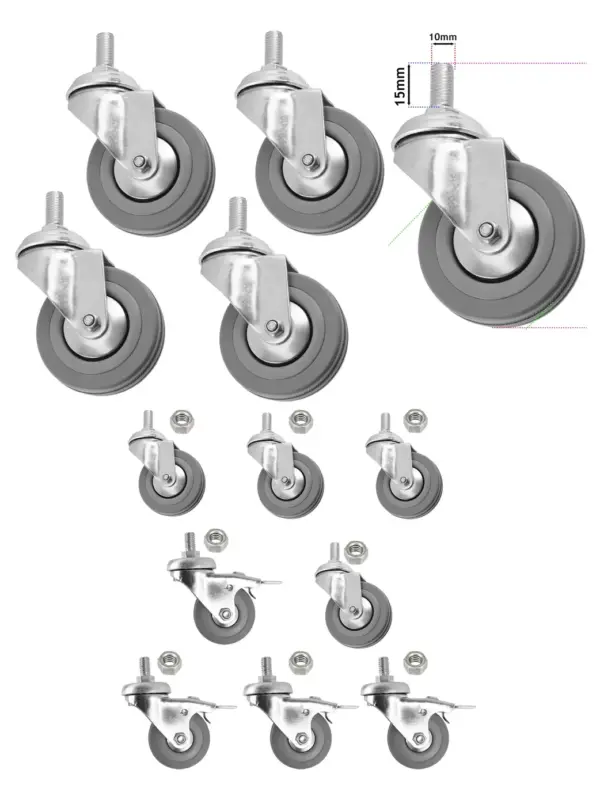 8‑Pack 50mm Swivel Brake Caster Wheels with M10 Threaded Nuts