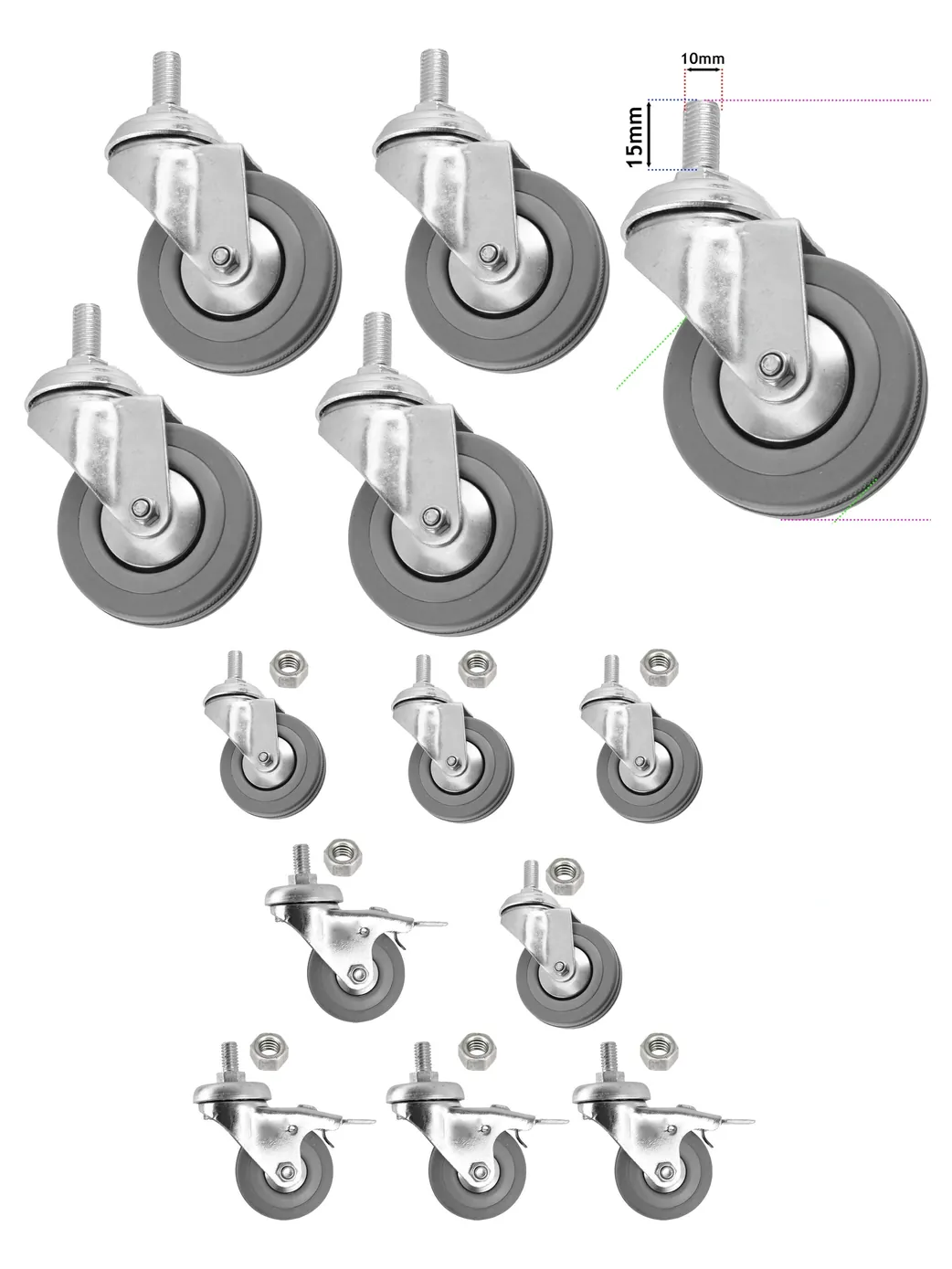 8‑Pack 50mm Swivel Brake Caster Wheels with M10 Threaded Nuts