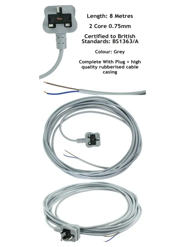 8m Grey Heavy-Duty Replacement Power Cord for VAX Vacuum Cleaners