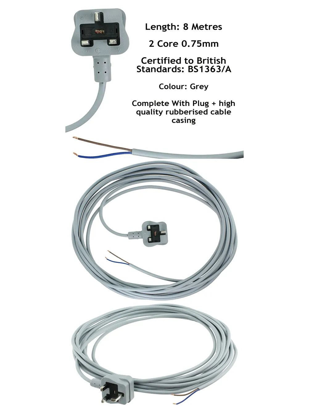 8m Grey Heavy-Duty Replacement Power Cord for VAX Vacuum Cleaners
