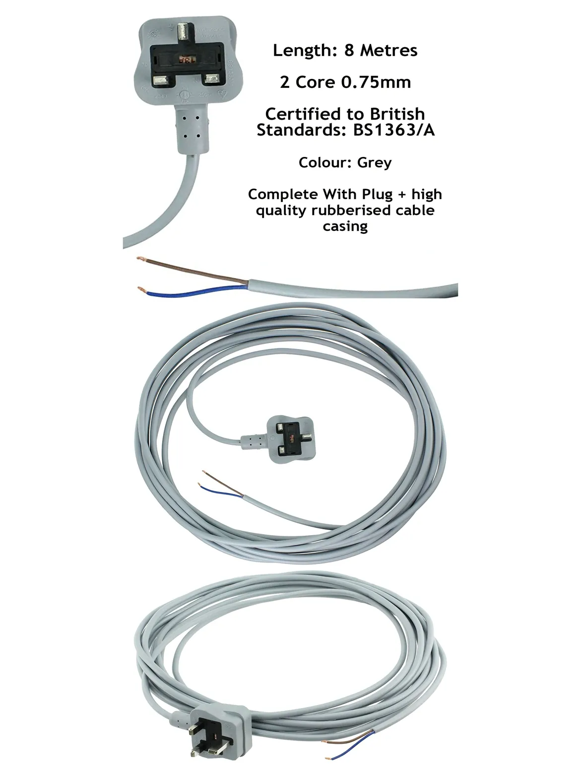 8m Grey Replacement Power Cable for SEBO Vacuum Cleaner