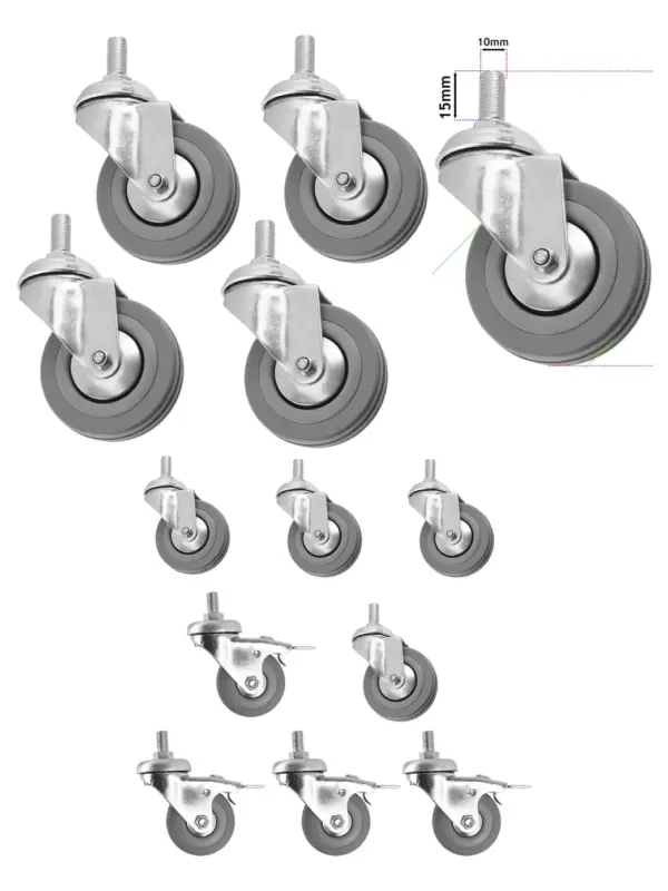 8pcs 50mm M10 Threaded Swivel Caster Wheels Braked and Non Braked