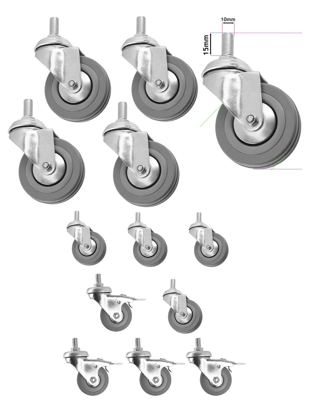 8pcs 50mm M10 Threaded Swivel Caster Wheels Braked and Non Braked