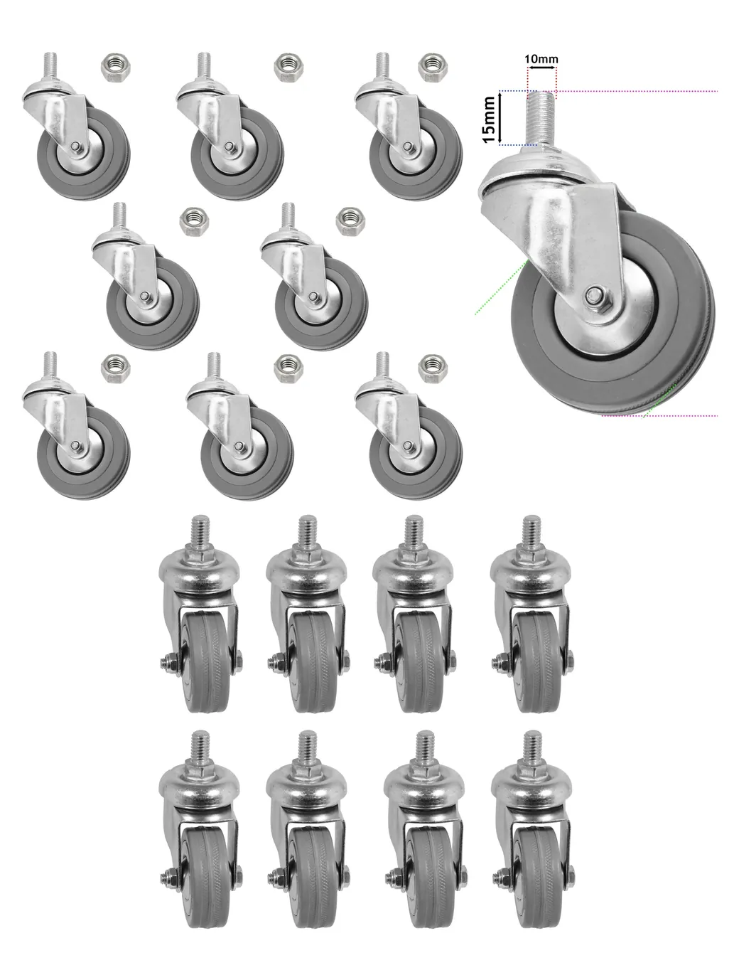 8pcs 50mm Swivel Caster Wheels with M10 Thread and Non‑Marking Nuts