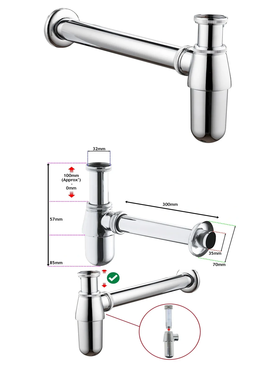 Adjustable Chrome Sink Waste Trap – 32mm/35mm for Kitchen & Bathroom