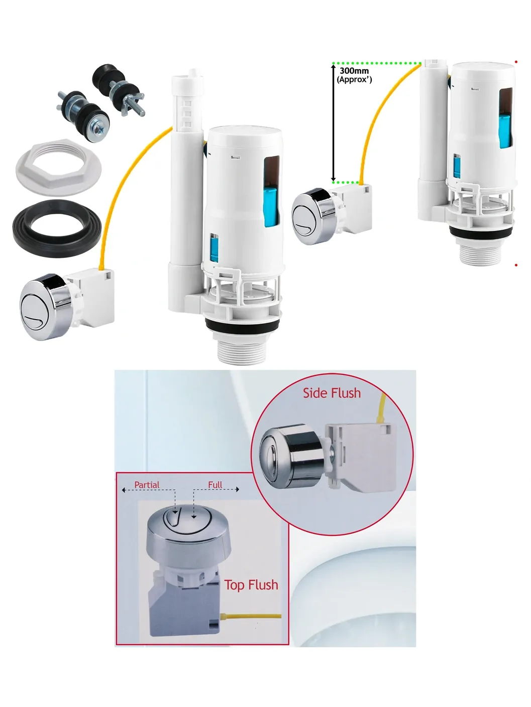 Adjustable Dual-Flush Concealed Toilet Valve Push Button 1.5/2L 300mm