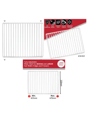 Adjustable White Refrigerator Shelf with Extendable Arms 425‑670mm